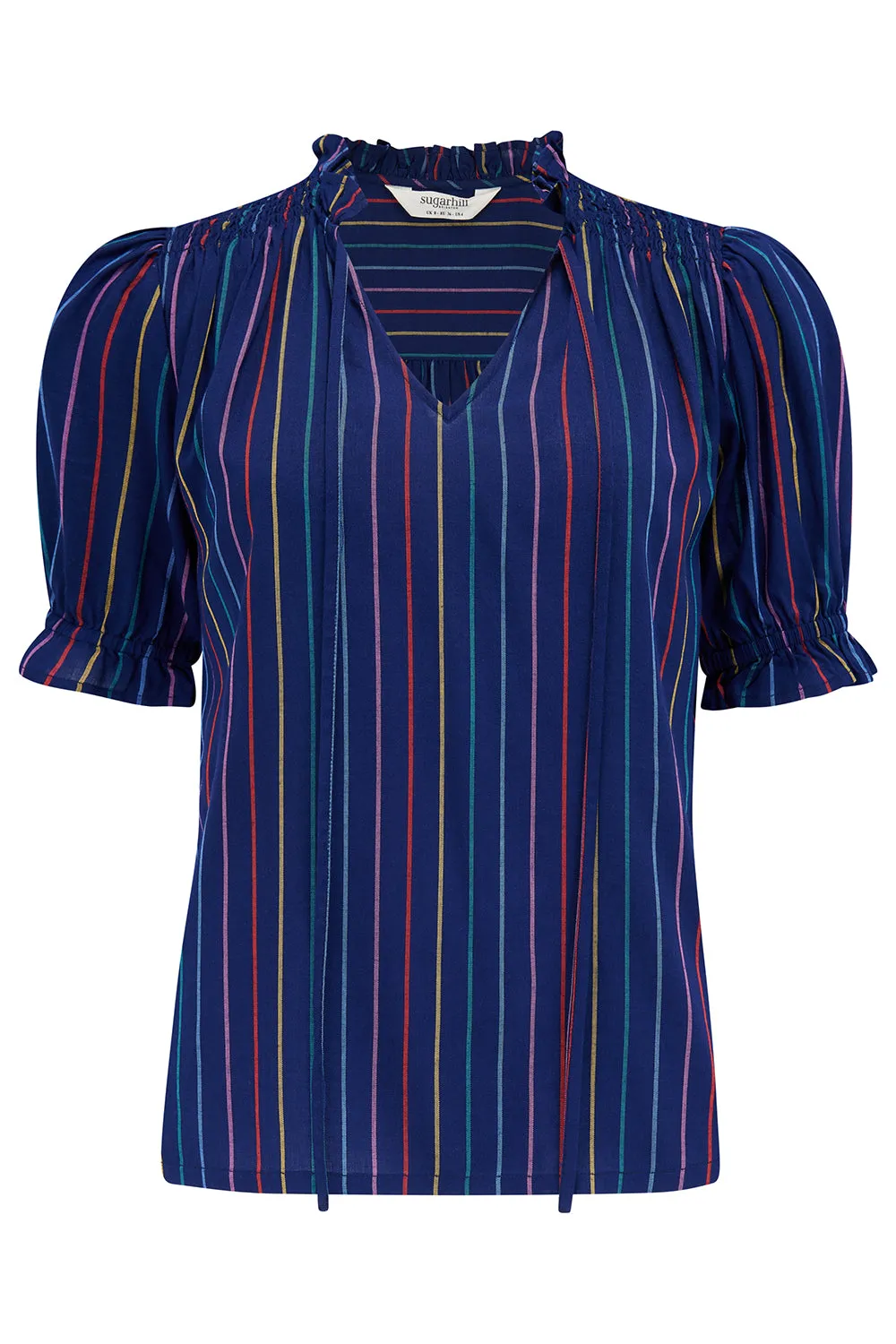 Angelique Shirred Top - Navy, Thin Rainbow Stripe