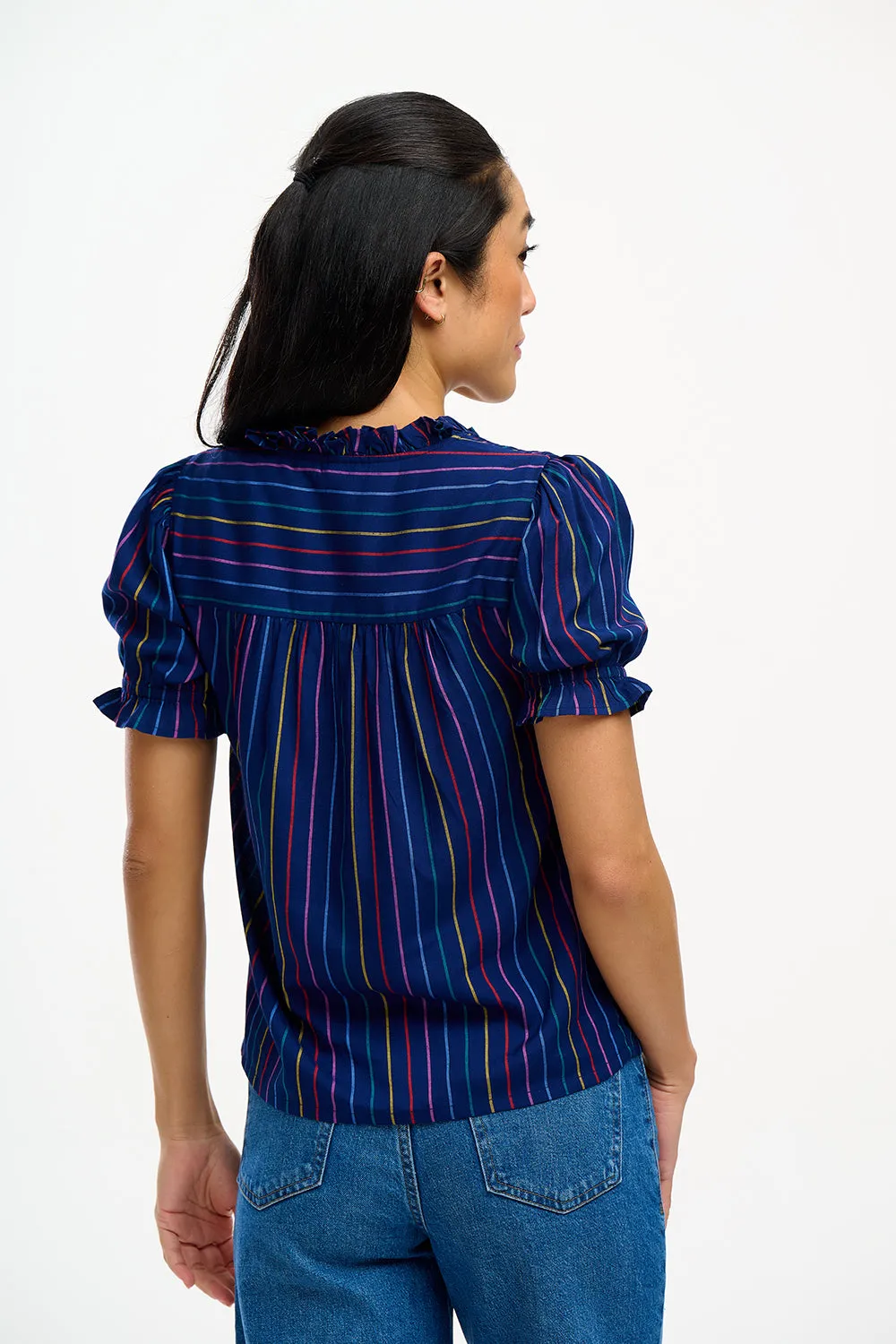 Angelique Shirred Top - Navy, Thin Rainbow Stripe