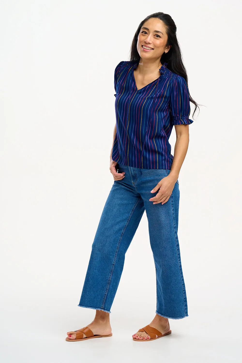 Angelique Shirred Top - Navy, Thin Rainbow Stripe