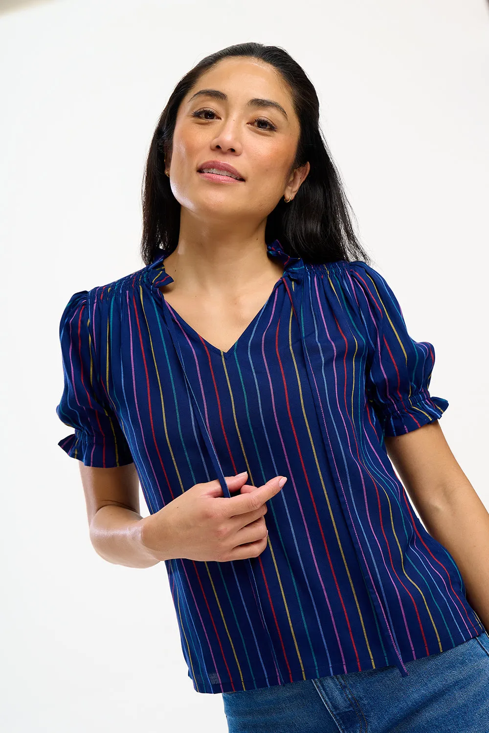 Angelique Shirred Top - Navy, Thin Rainbow Stripe