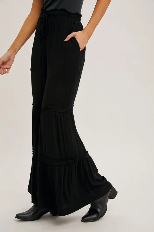 Black Drawstring Waist Tiered Palazzo Pants