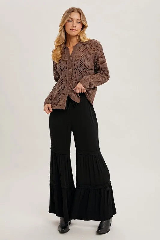 Black Drawstring Waist Tiered Palazzo Pants