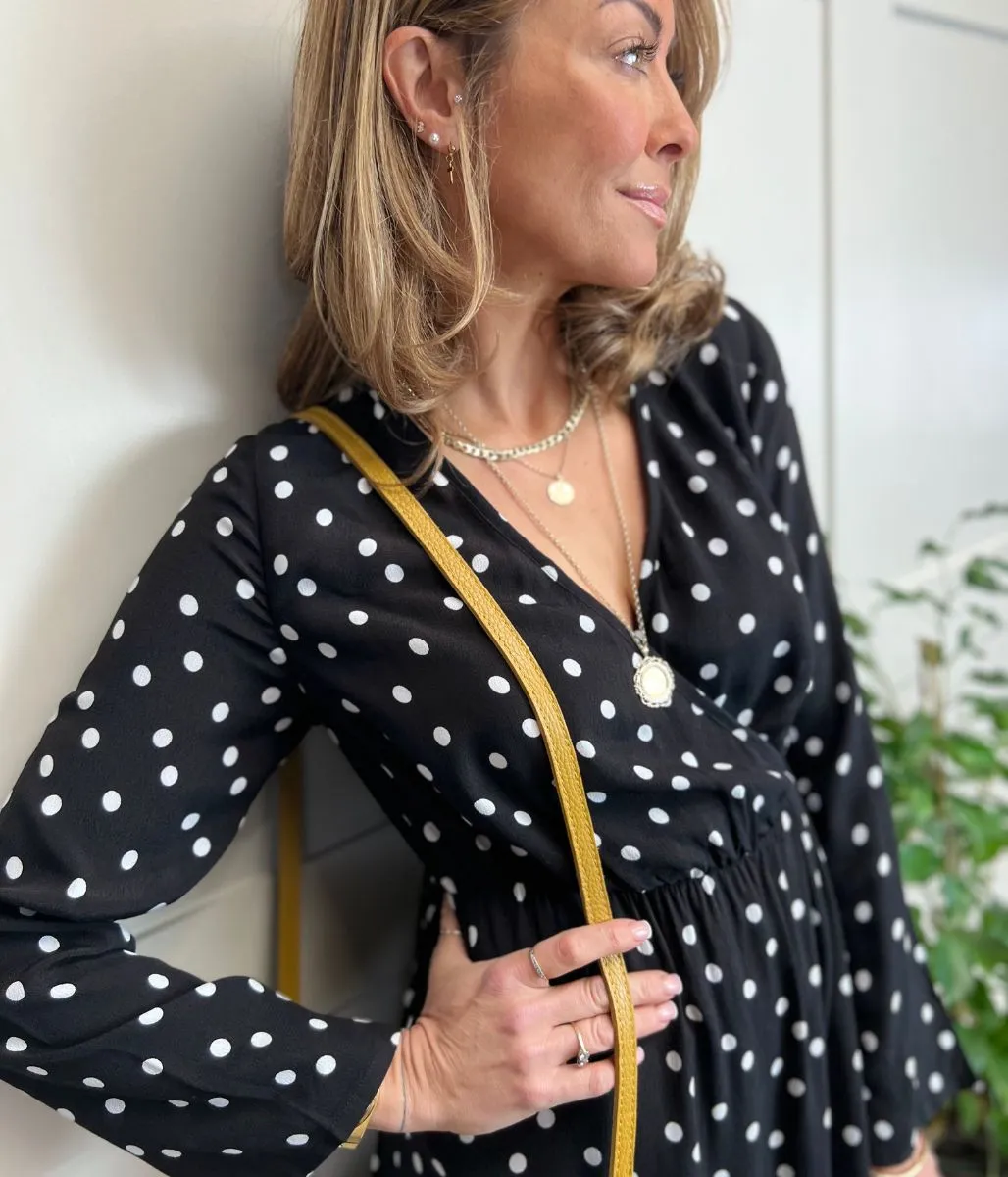 Black Spotted Print Wrap Midi Dress