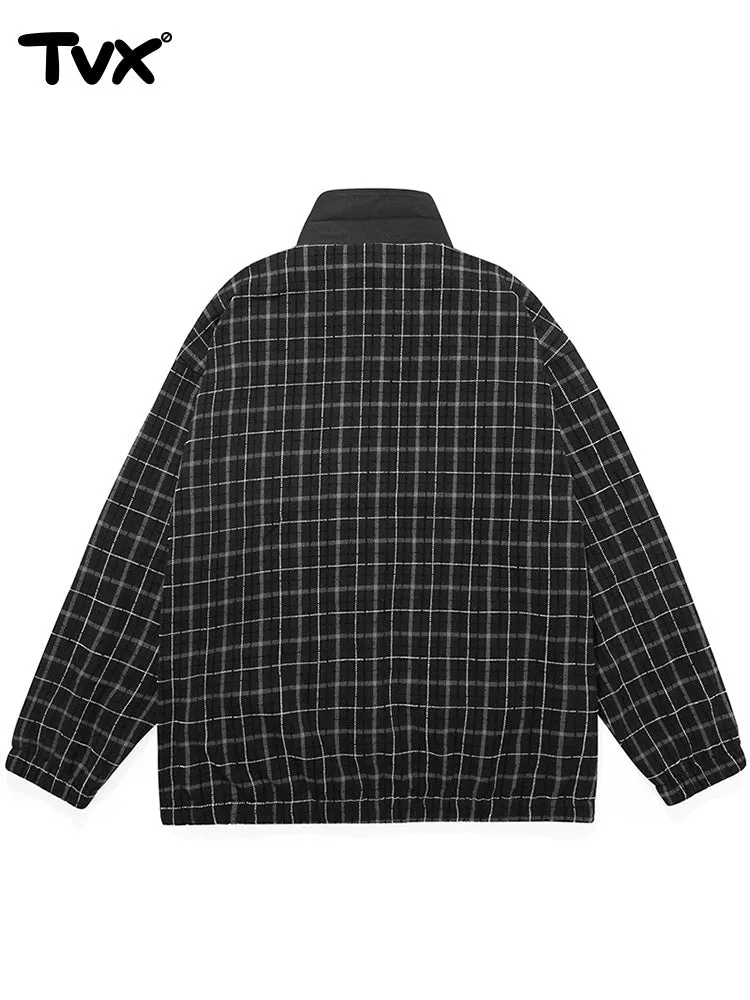 Black, white and grey plaid monogrammed label elastic-ribbed lapel jacket