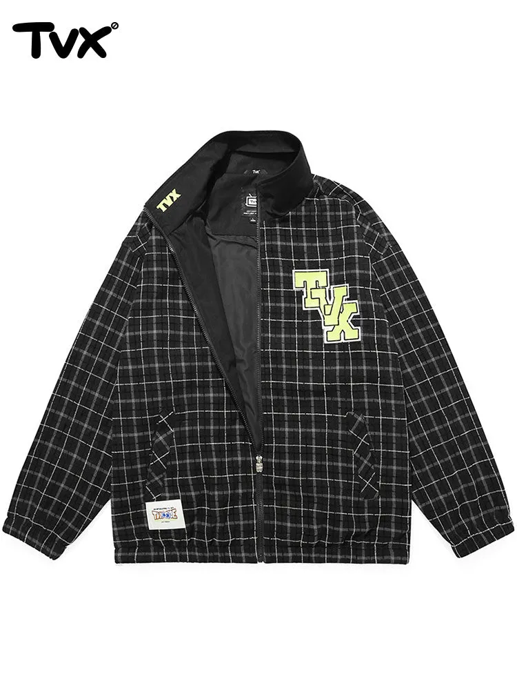 Black, white and grey plaid monogrammed label elastic-ribbed lapel jacket