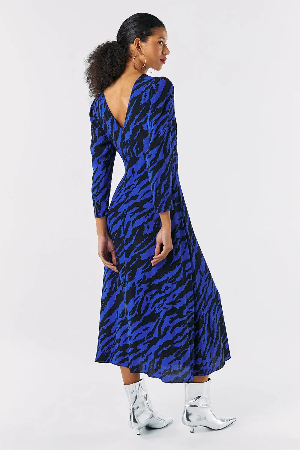 Blue with Black Shadow Tiger Split Hem Midi Dress