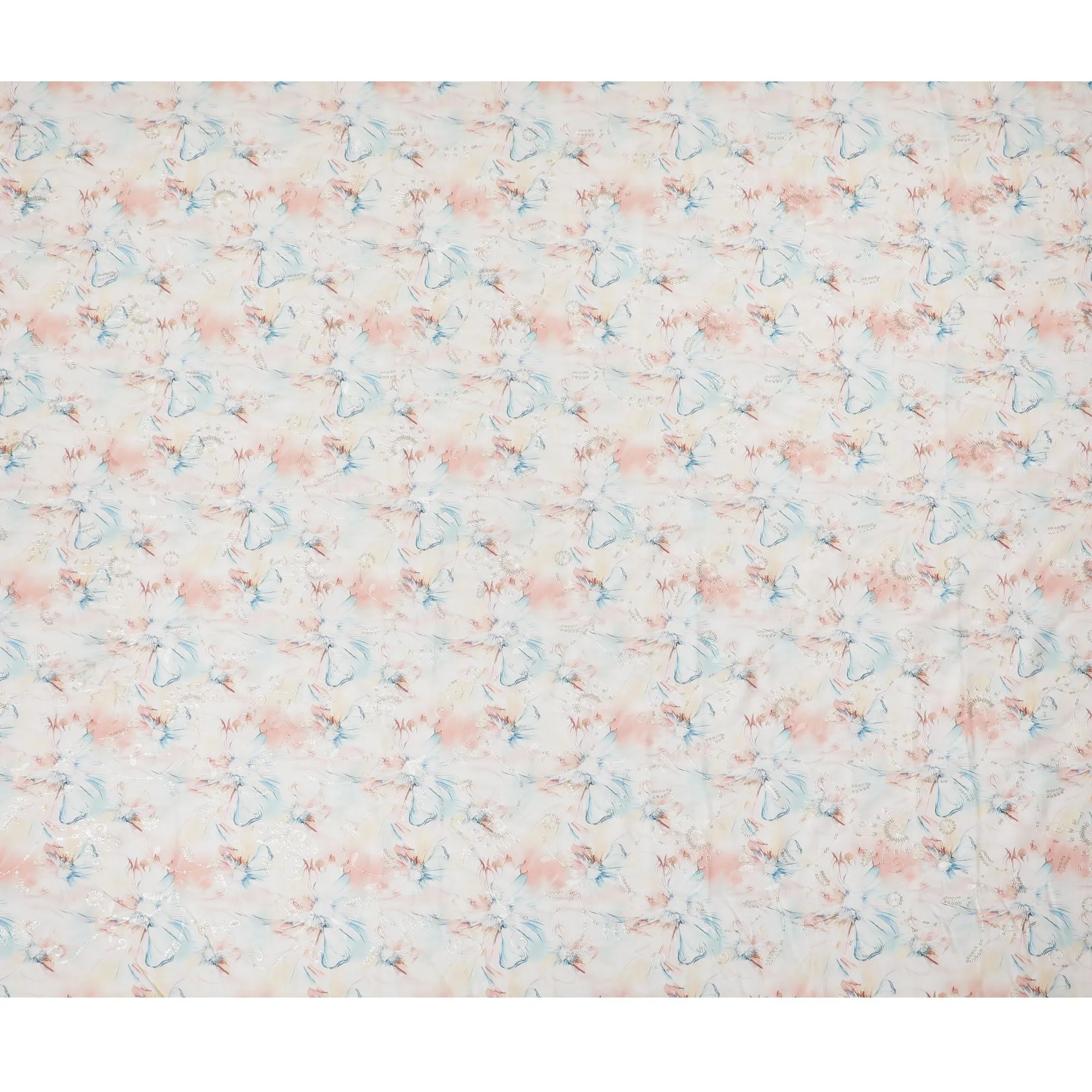 Blush & Sky Blue Floral Sequin Embroidered Synthetic Cotton Fabric - 110cm Wide-D18552