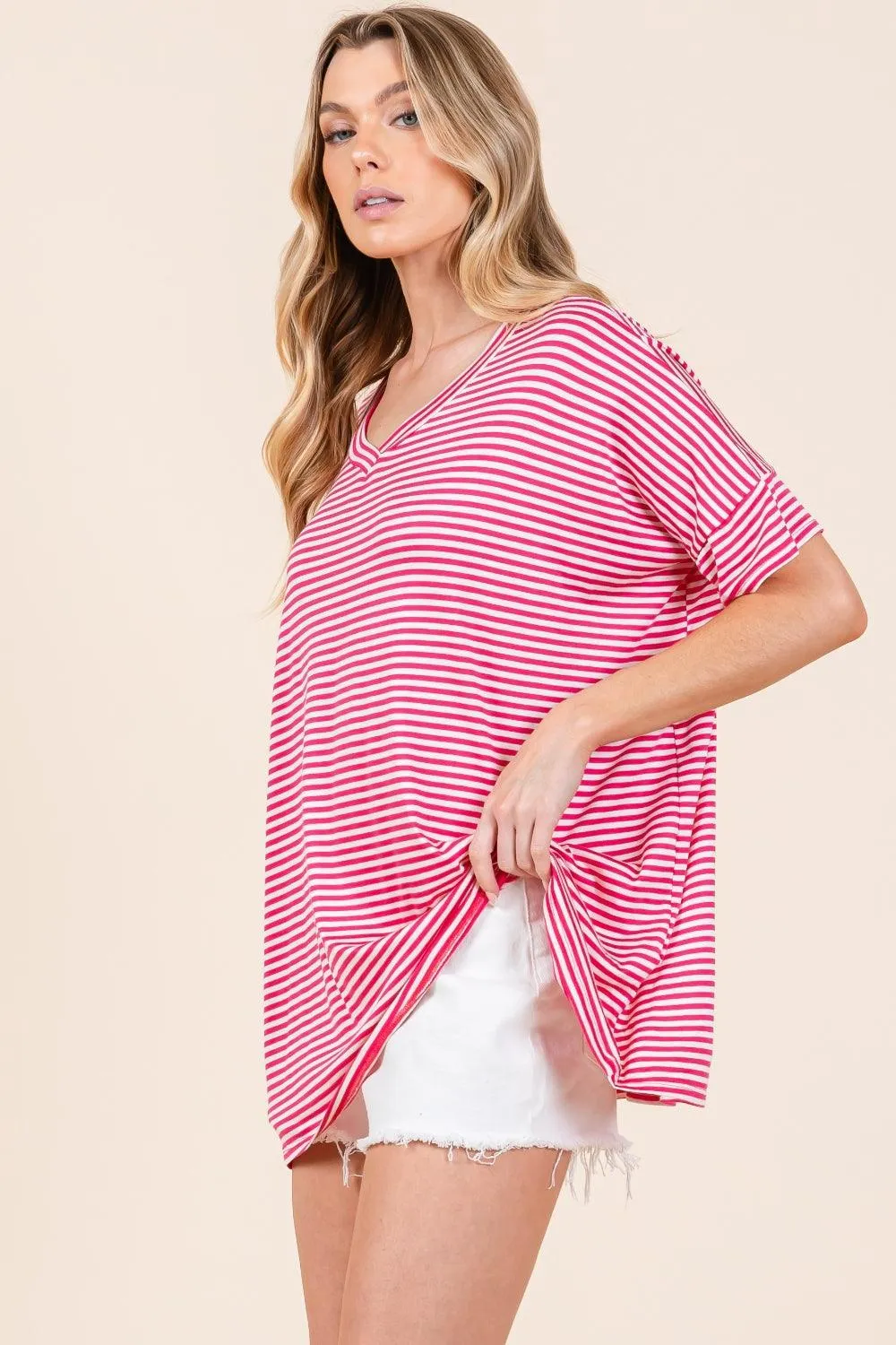 BOMBOM Striped V-Neck T-Shirt