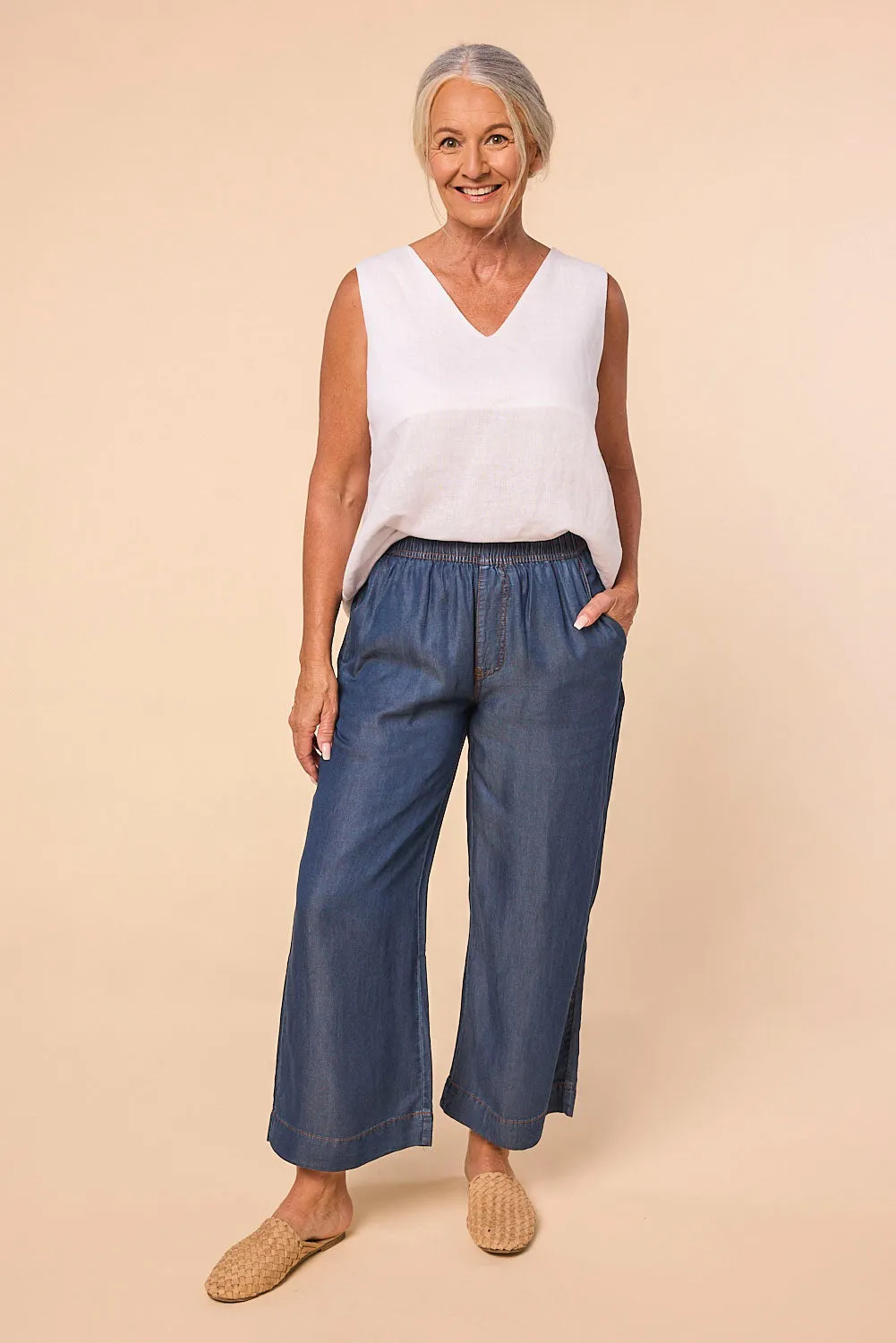 Breezy Petite Length Relaxed Tencel Pant in Mid Wash