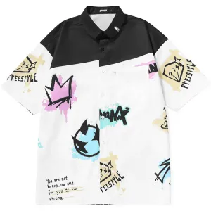 Color Block Graffiti Full Print Drop-Shoulder Sleeve Shirt