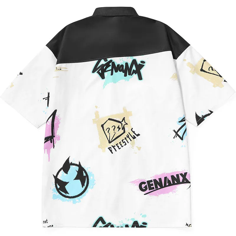 Color Block Graffiti Full Print Drop-Shoulder Sleeve Shirt