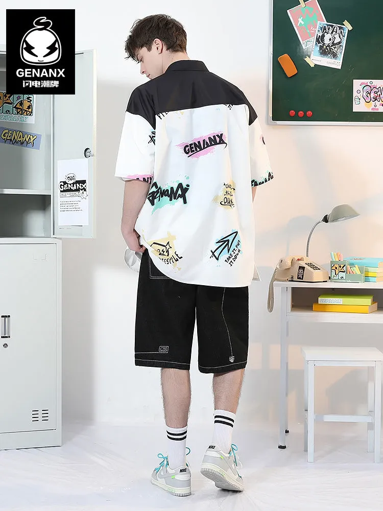 Color Block Graffiti Full Print Drop-Shoulder Sleeve Shirt