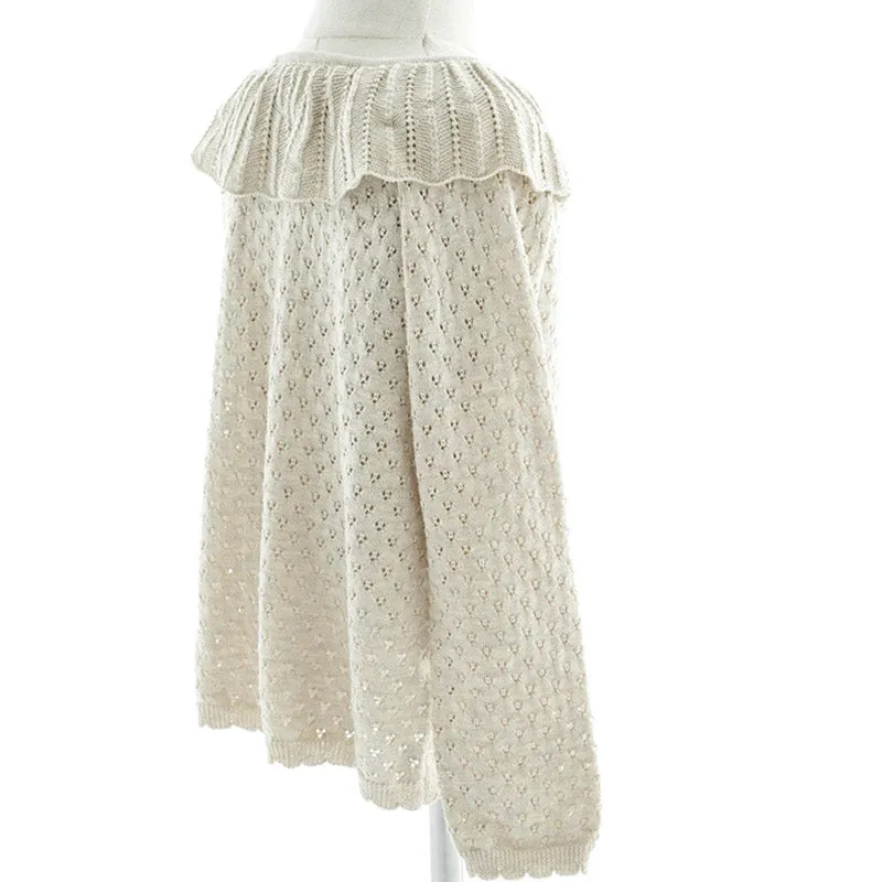 Cream Knitted Ruffle Long Sleeve Shirt