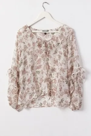 Day Dream Ivory Floral Frill Neck LS Frill Sleeve Top