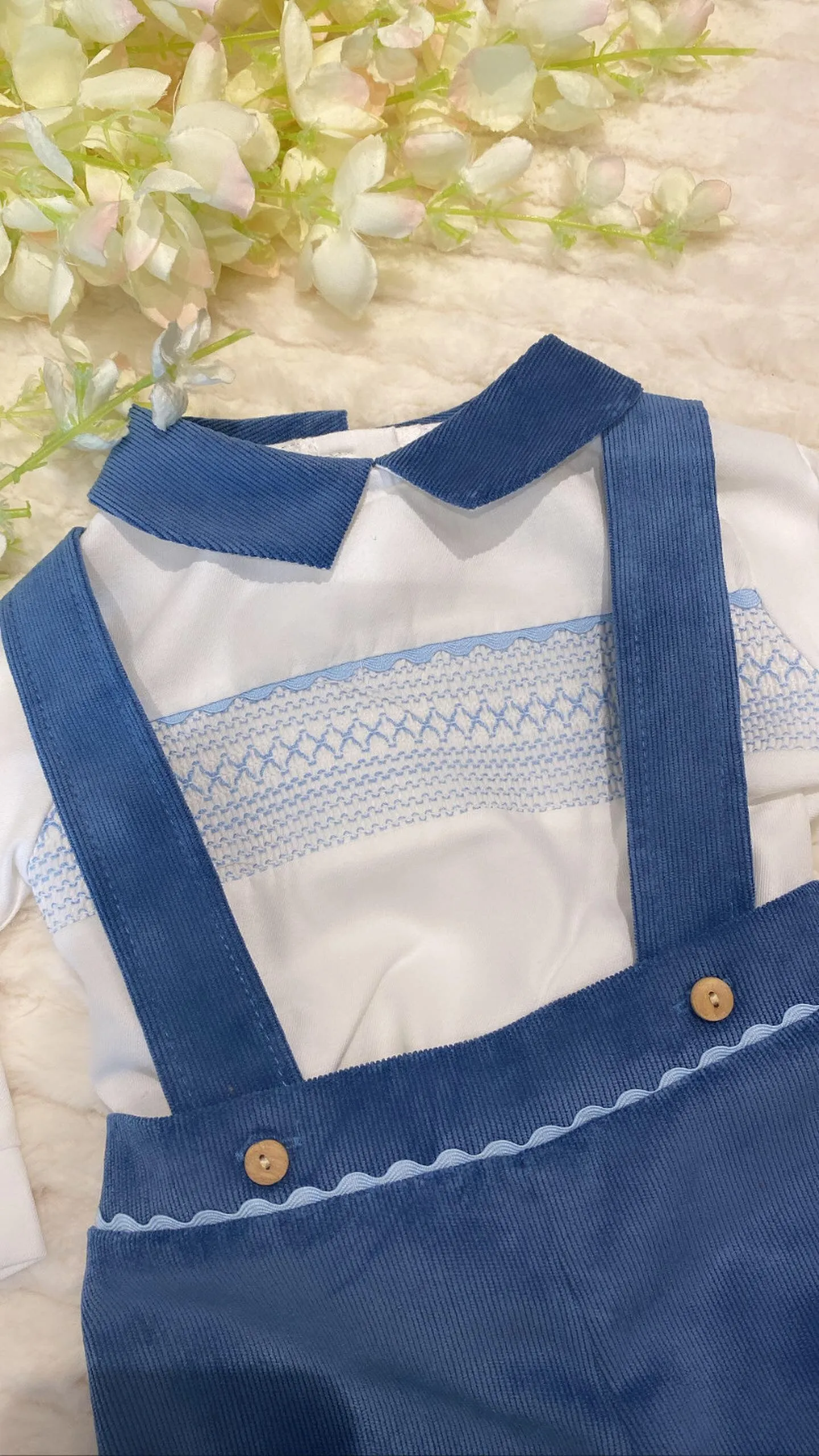 Denim blue smock velour dungaree set