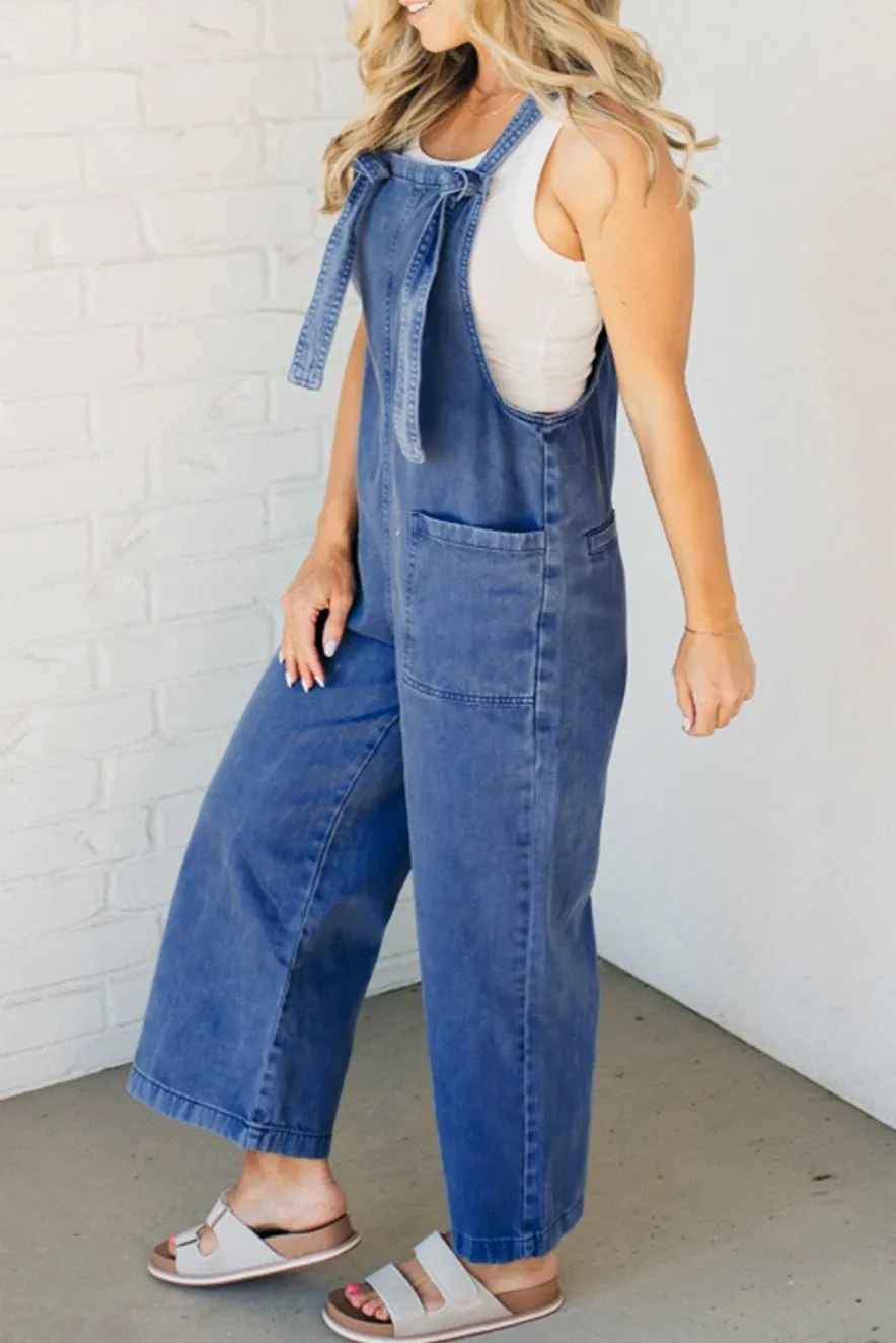 Denim Mineral Wash Wide Leg Overalls