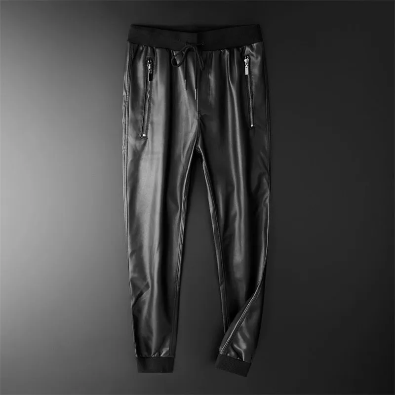 Elastic Waist Black Leather Jogger Pants