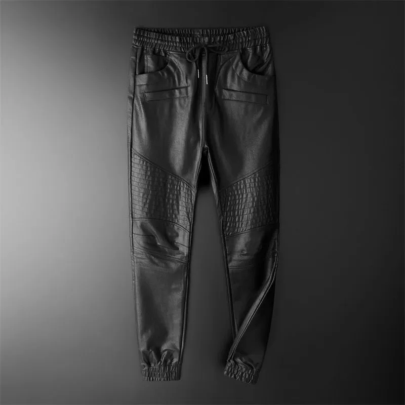 Elastic Waist Black Leather Jogger Pants