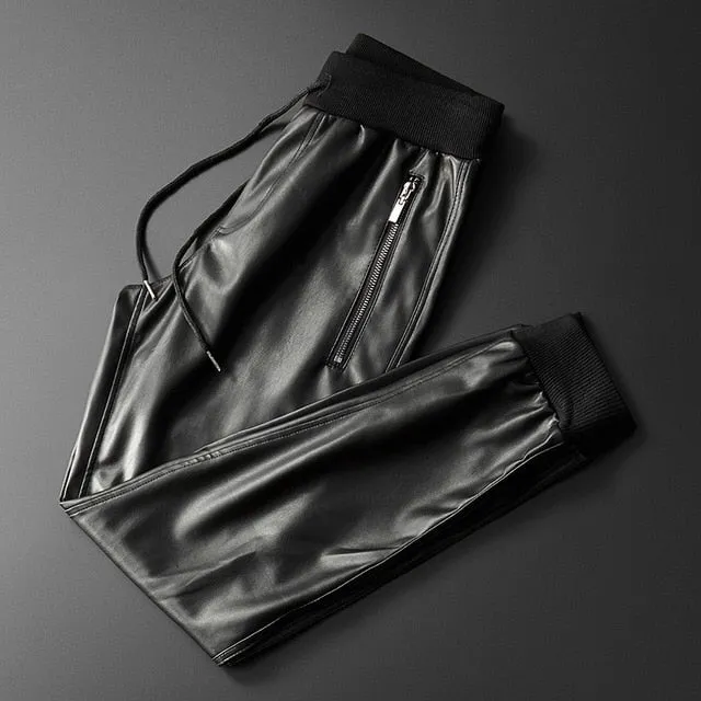 Elastic Waist Black Leather Jogger Pants