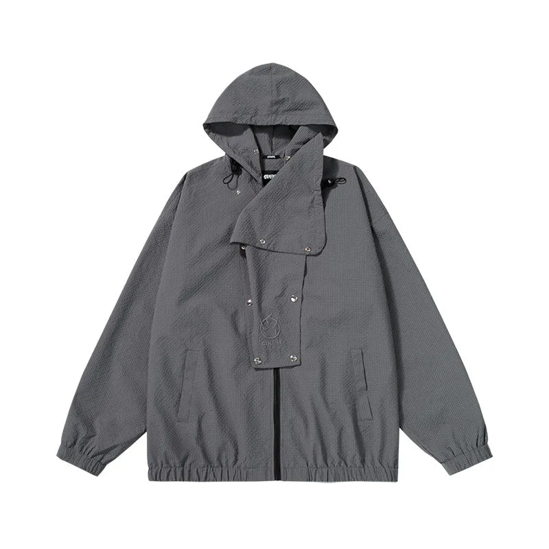 Embroidered hooded four-button detachable collar waterproof film jacket