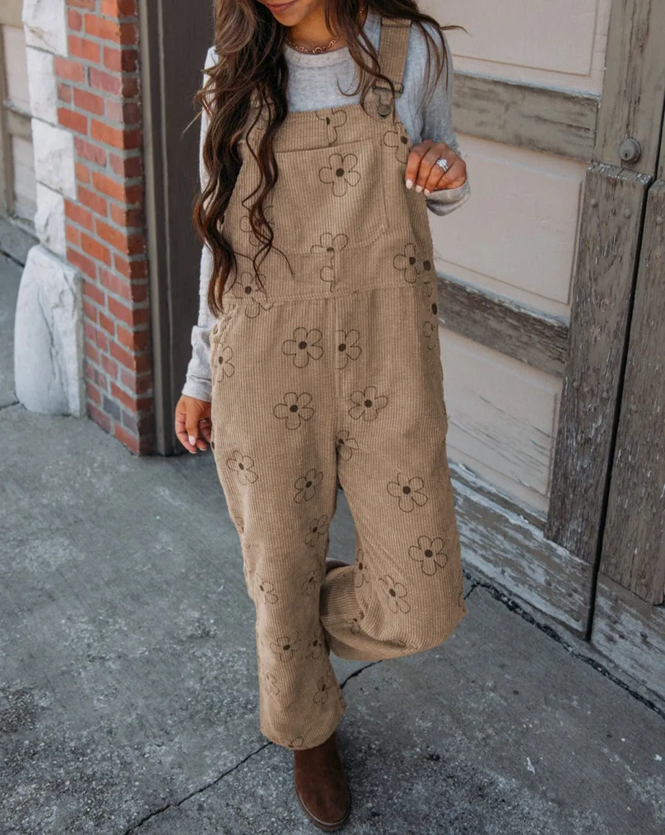 Floral Corduroy Pocketed Overalls