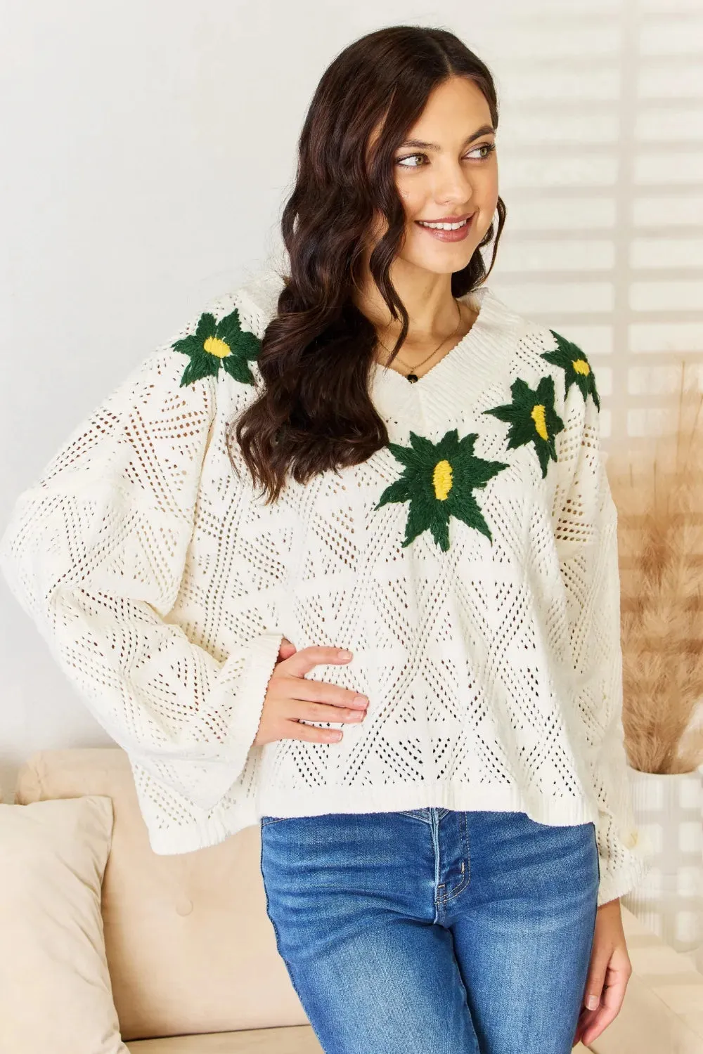 Floral Embroidered Pattern V-Neck Sweater