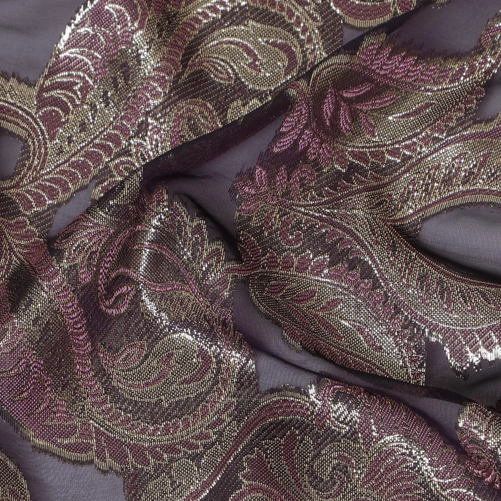 French Plum Silk Chiffon (Fransawi) Fabric with Metallic Silver and Burgundy Lurex Paisley Design, 140 cm Width-D19740