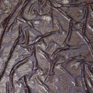 French Plum Silk Chiffon (Fransawi) Fabric with Metallic Silver and Burgundy Lurex Paisley Design, 140 cm Width-D19740