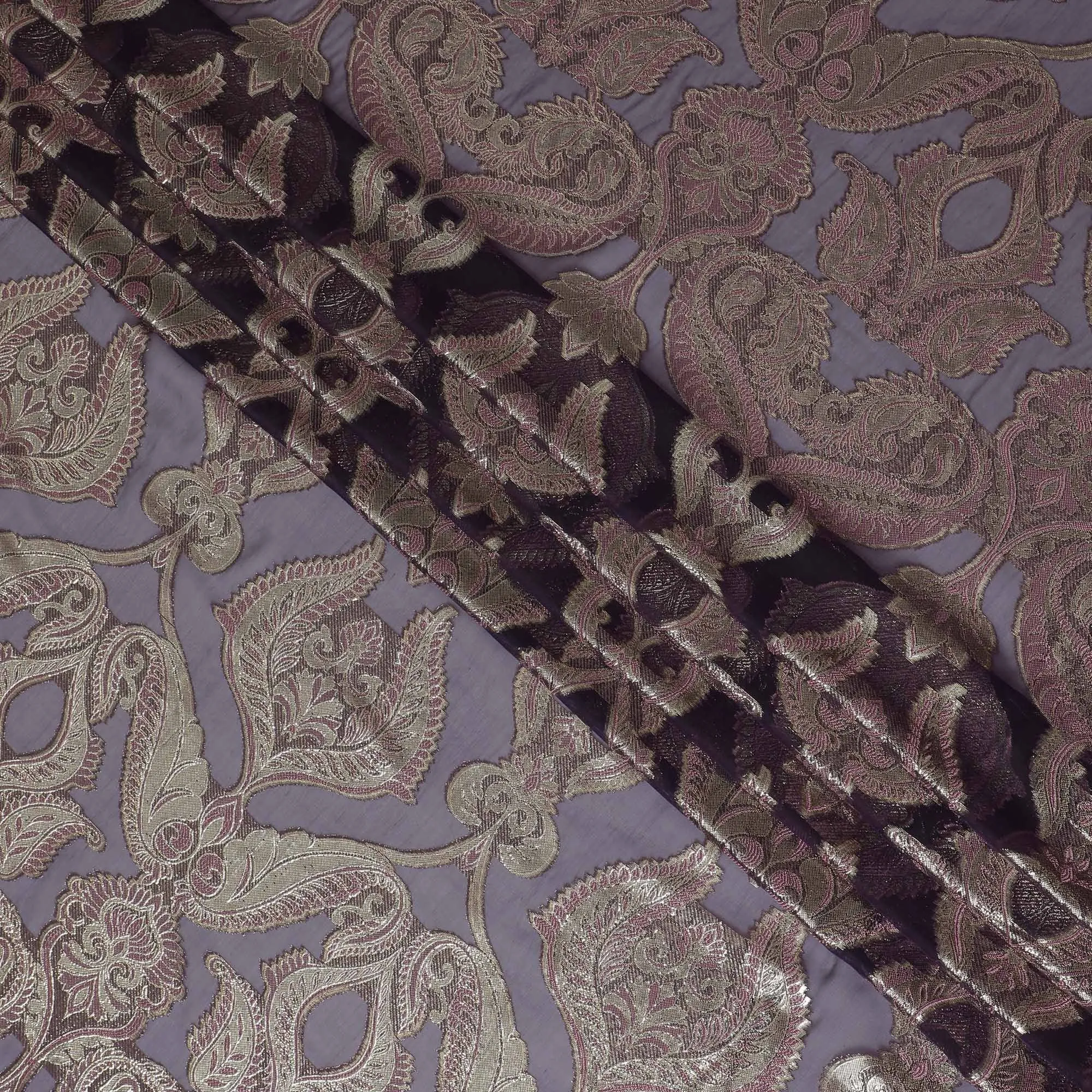 French Plum Silk Chiffon (Fransawi) Fabric with Metallic Silver and Burgundy Lurex Paisley Design, 140 cm Width-D19740