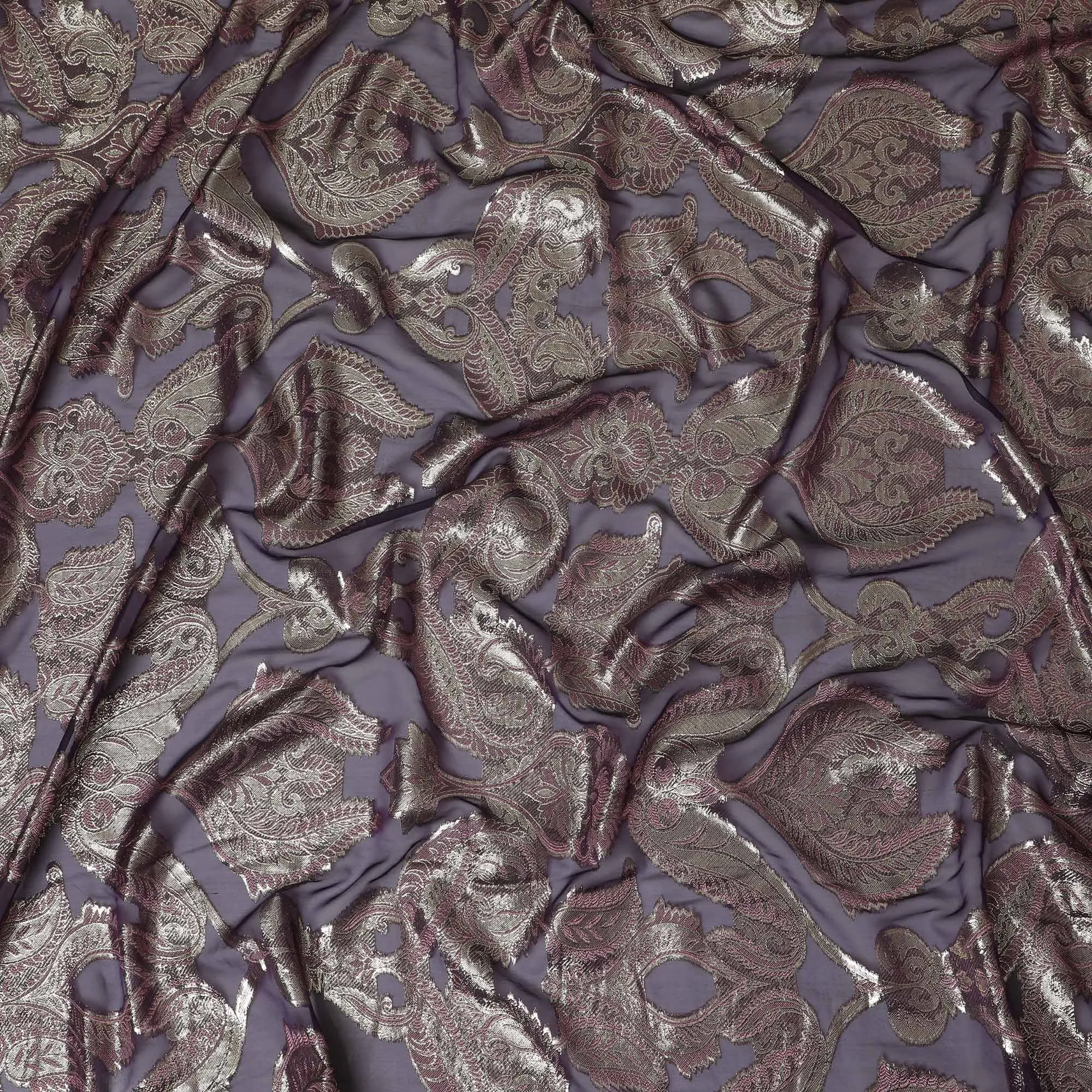 French Plum Silk Chiffon (Fransawi) Fabric with Metallic Silver and Burgundy Lurex Paisley Design, 140 cm Width-D19740