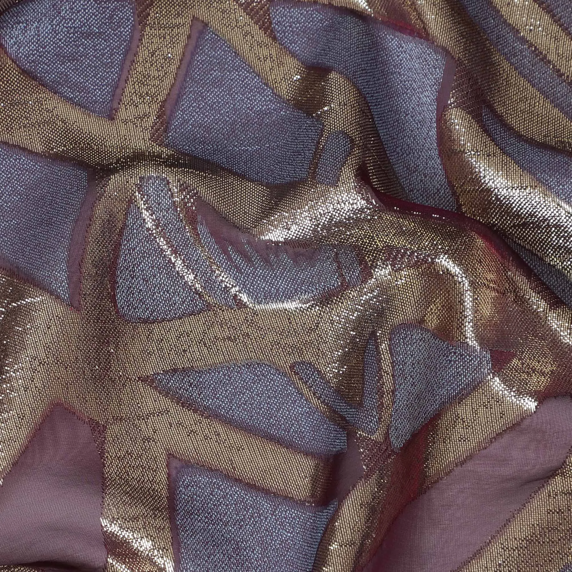 French Silk Chiffon (Fransawi) Fabric with Metallic Gold and Lavender Lurex Abstract Design, 140 cm Width-D19742