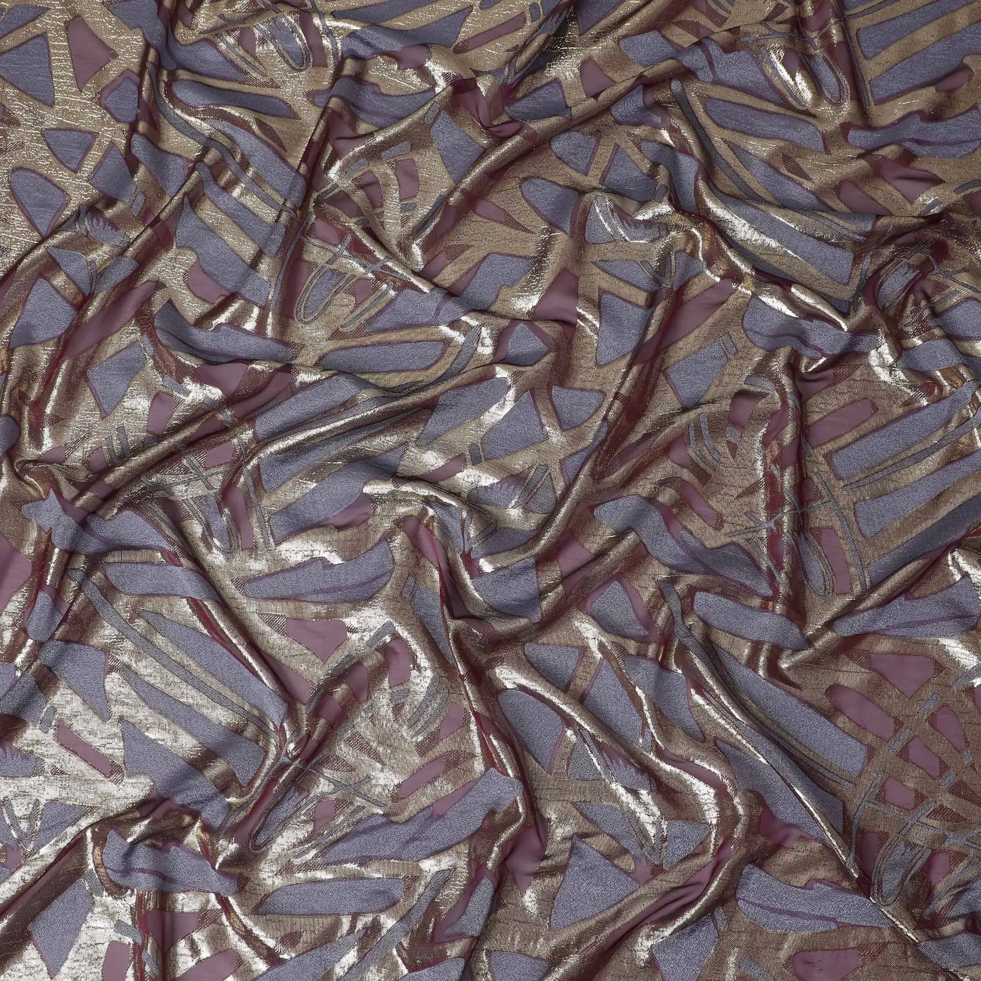 French Silk Chiffon (Fransawi) Fabric with Metallic Gold and Lavender Lurex Abstract Design, 140 cm Width-D19742