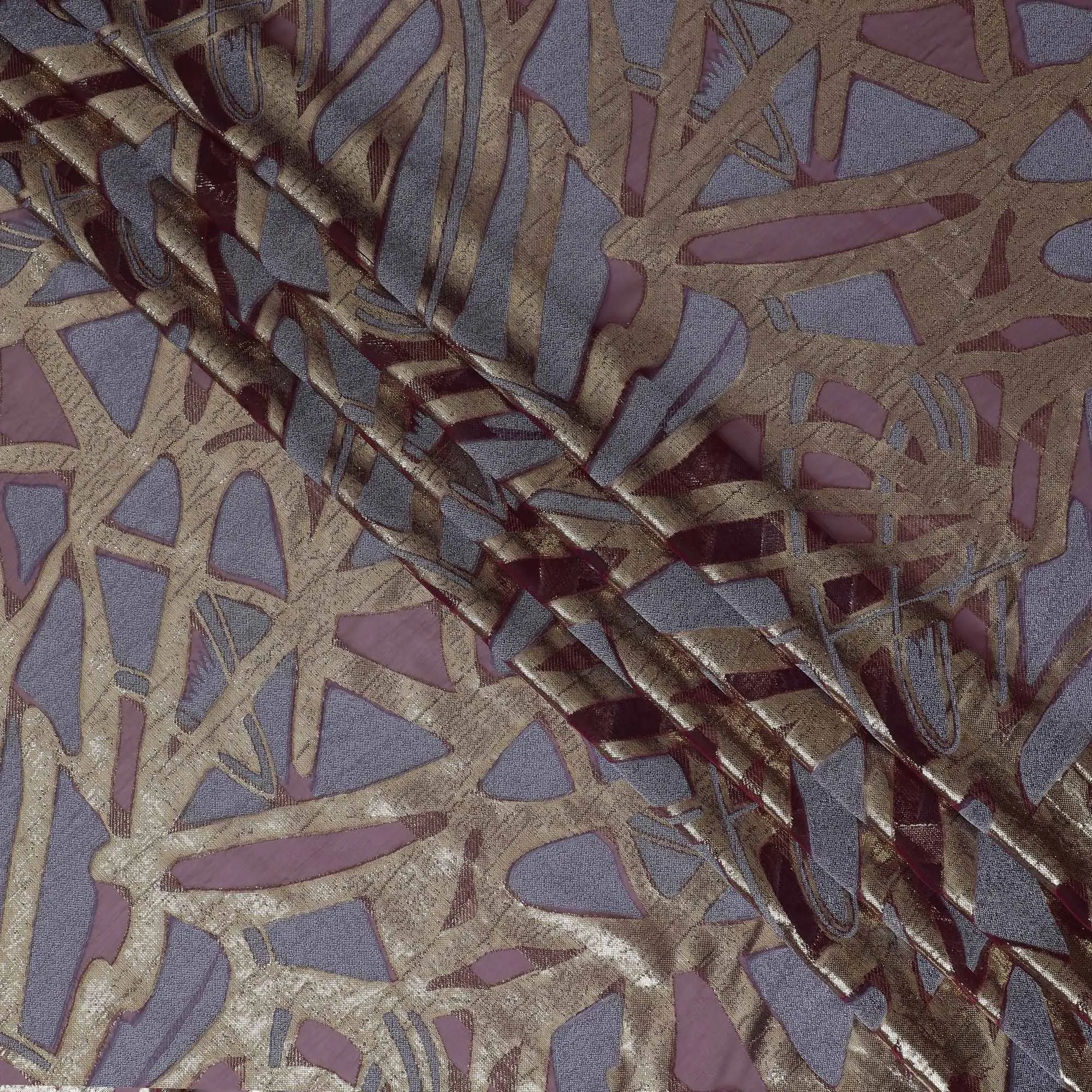 French Silk Chiffon (Fransawi) Fabric with Metallic Gold and Lavender Lurex Abstract Design, 140 cm Width-D19742