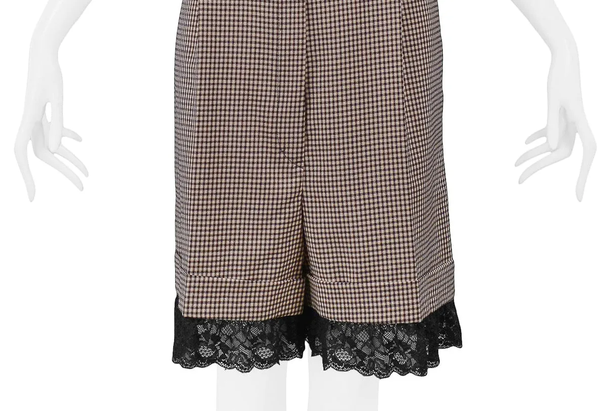 GAULTIER BROWN CHECK HIGH WAISTED SUSPENDER SHORTS