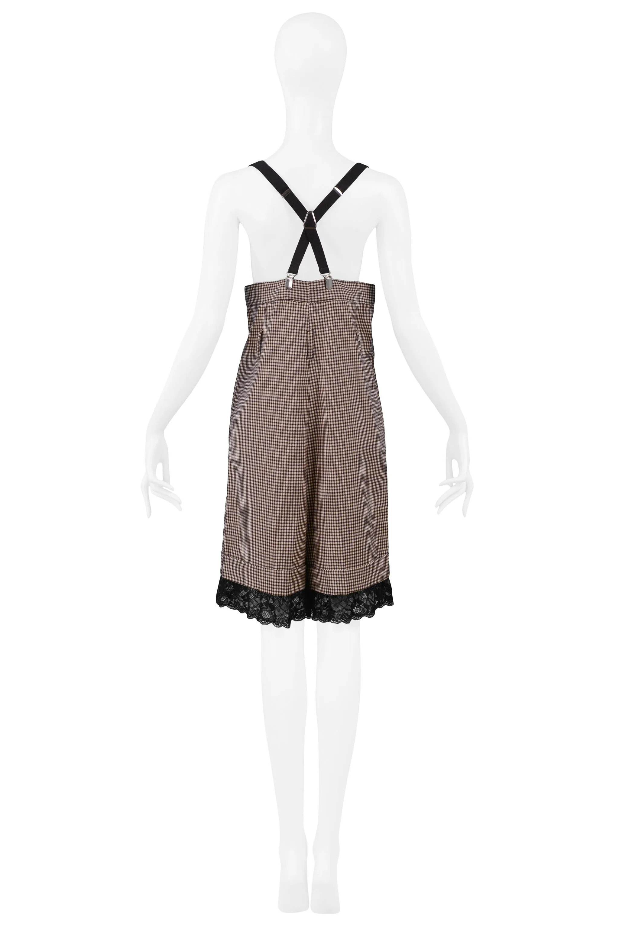 GAULTIER BROWN CHECK HIGH WAISTED SUSPENDER SHORTS