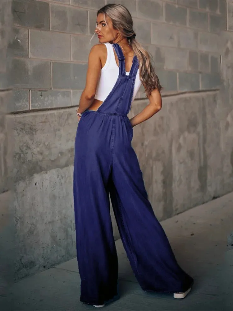 Girlary Women Vintage Retro Denim Long Jumpsuit Casual Spaghetti Strap Straight Romper Suspender Pants Summer Baggy Bib Loose Overalls