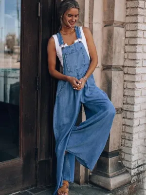 Girlary Women Vintage Retro Denim Long Jumpsuit Casual Spaghetti Strap Straight Romper Suspender Pants Summer Baggy Bib Loose Overalls