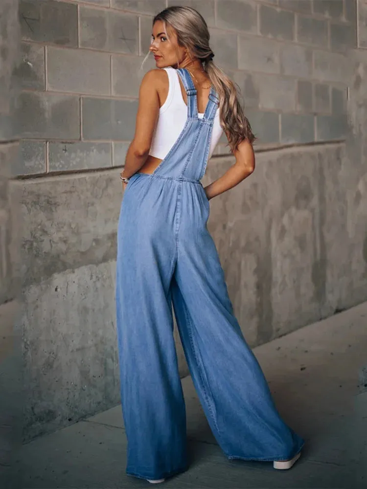 Girlary Women Vintage Retro Denim Long Jumpsuit Casual Spaghetti Strap Straight Romper Suspender Pants Summer Baggy Bib Loose Overalls