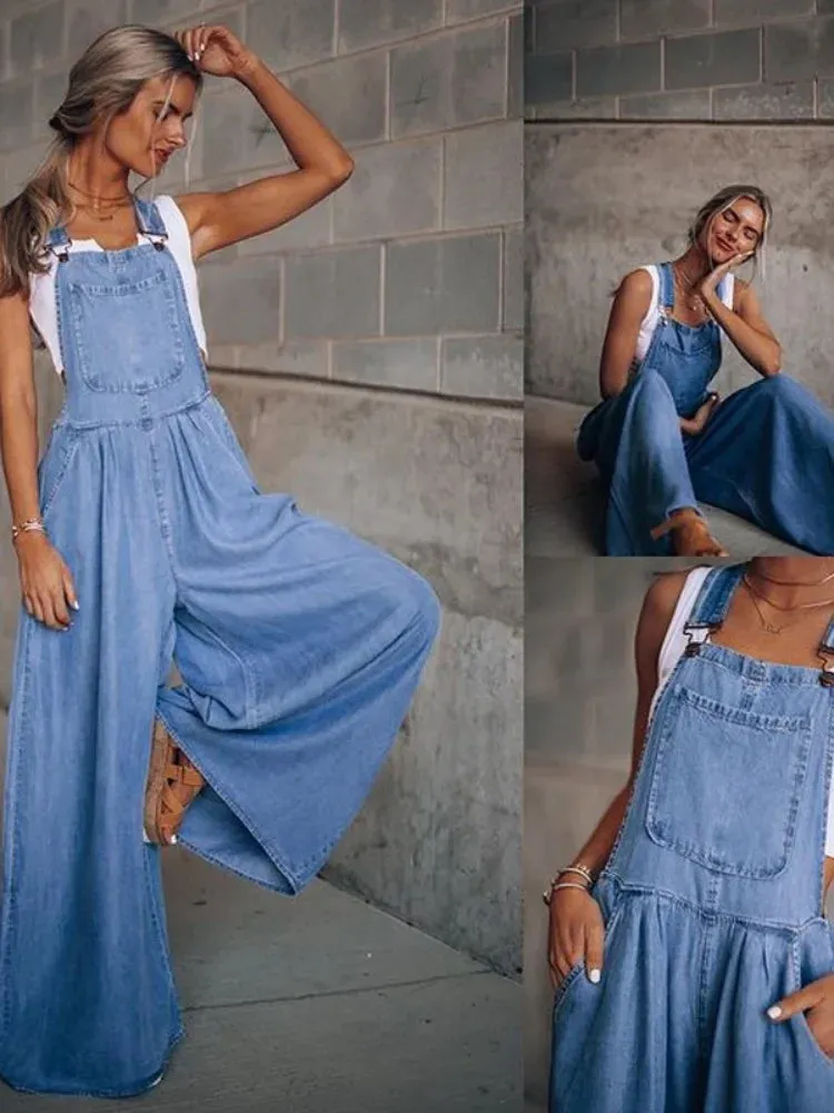 Girlary Women Vintage Retro Denim Long Jumpsuit Casual Spaghetti Strap Straight Romper Suspender Pants Summer Baggy Bib Loose Overalls