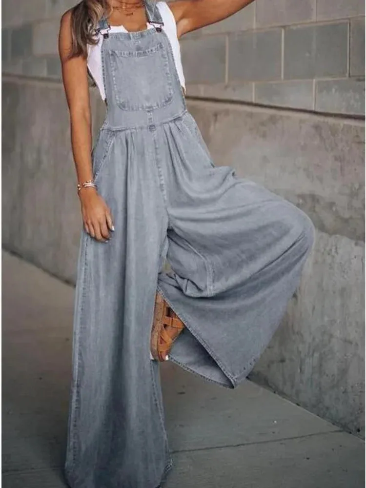 Girlary Women Vintage Retro Denim Long Jumpsuit Casual Spaghetti Strap Straight Romper Suspender Pants Summer Baggy Bib Loose Overalls