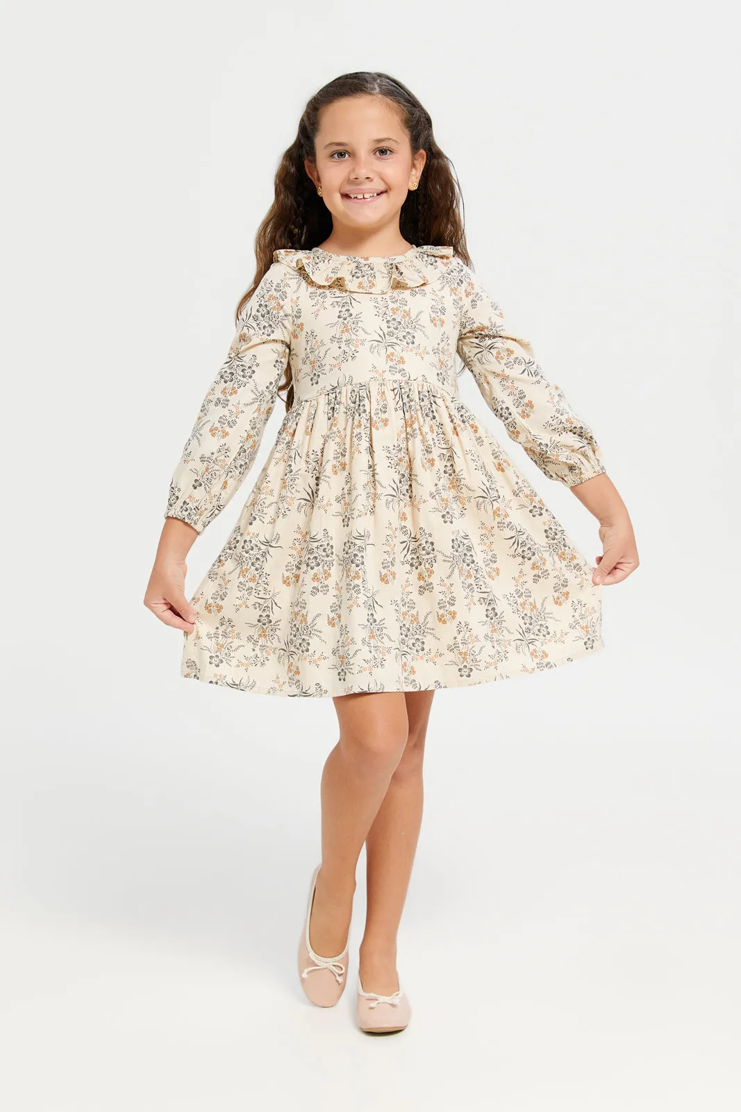 Girls Beige Floral Print Dress