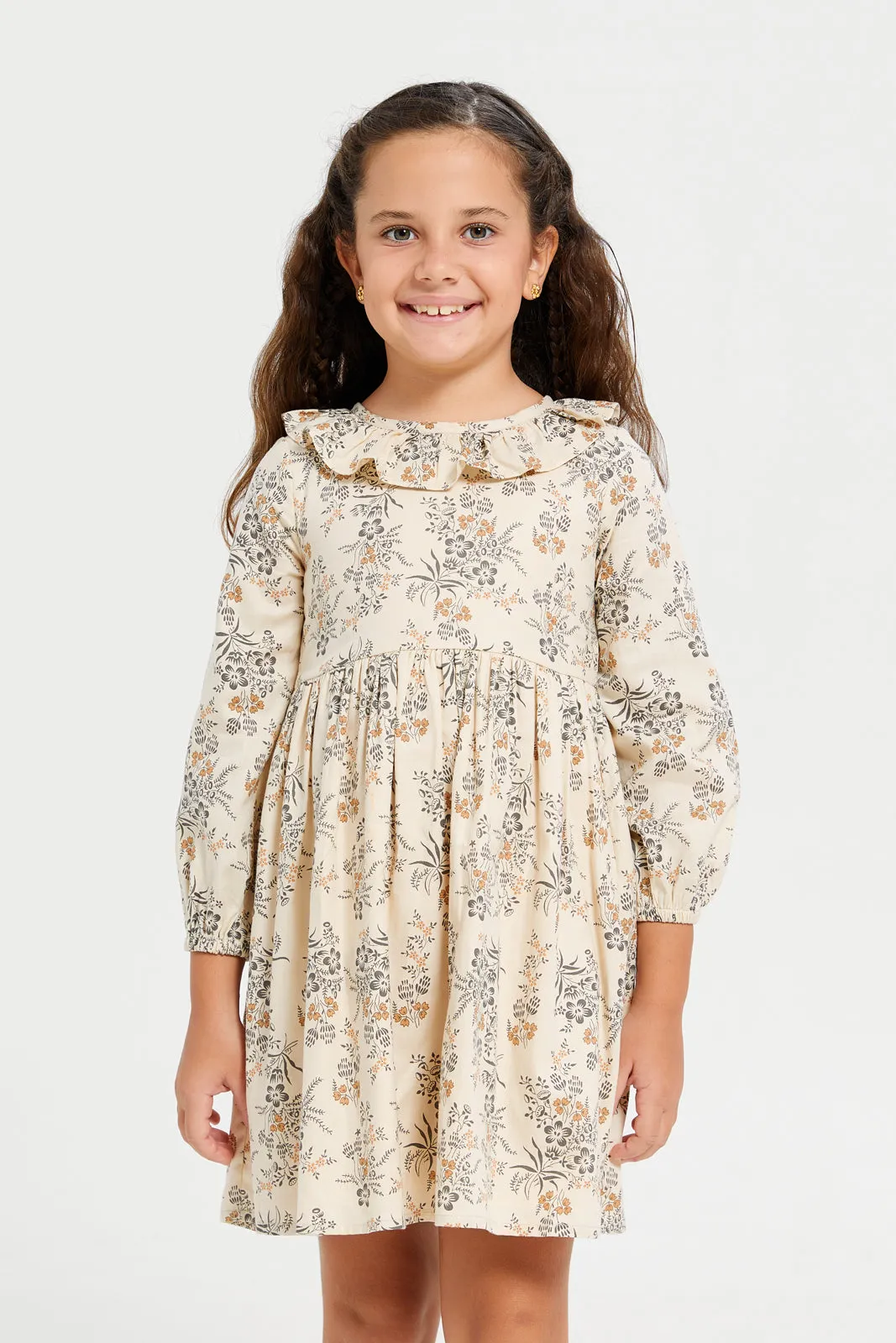 Girls Beige Floral Print Dress