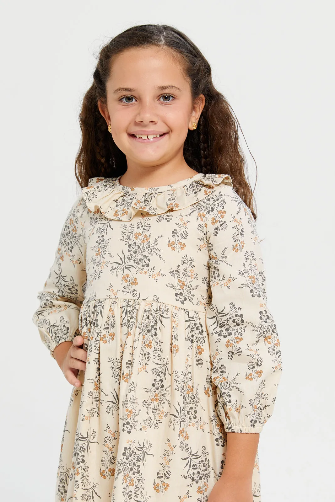 Girls Beige Floral Print Dress