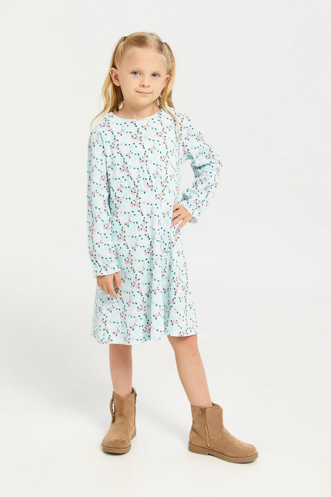 Girls Blue Printed Dress