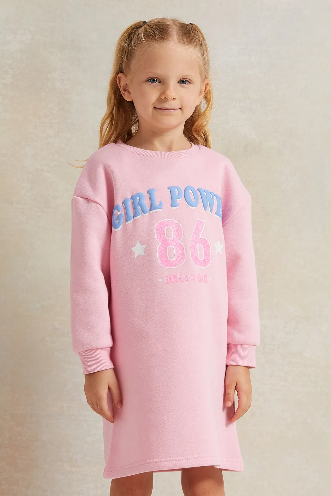 Girls Pink Printed Sweatshirt Dress