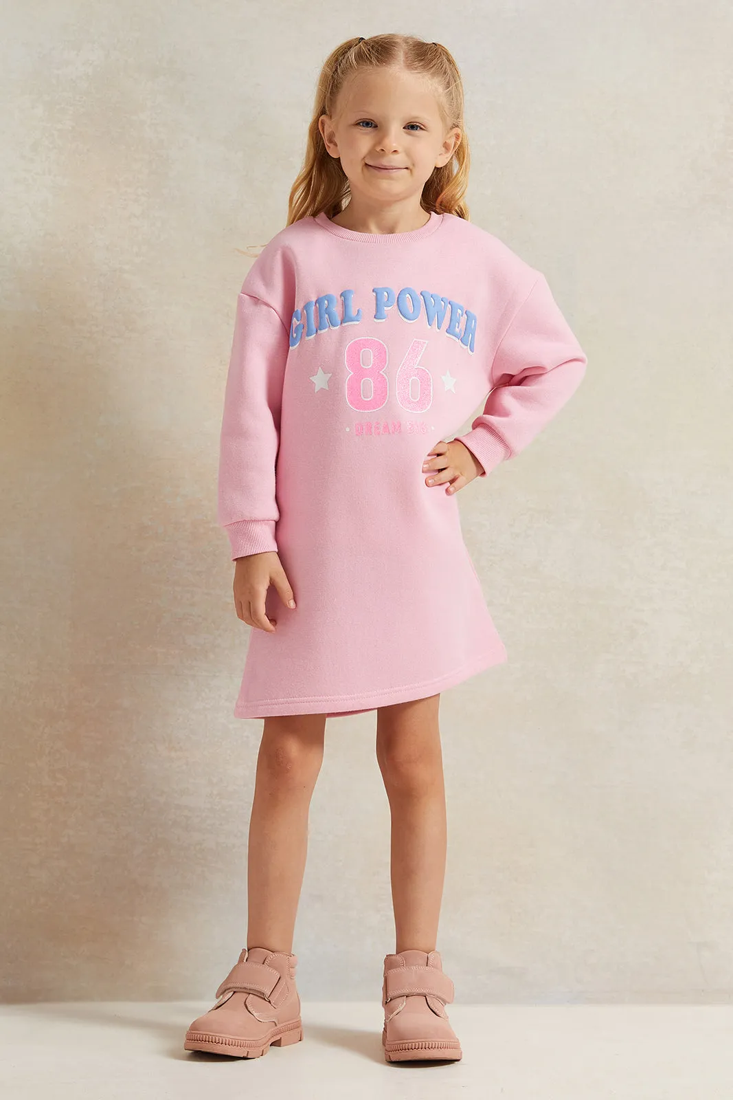 Girls Pink Printed Sweatshirt Dress