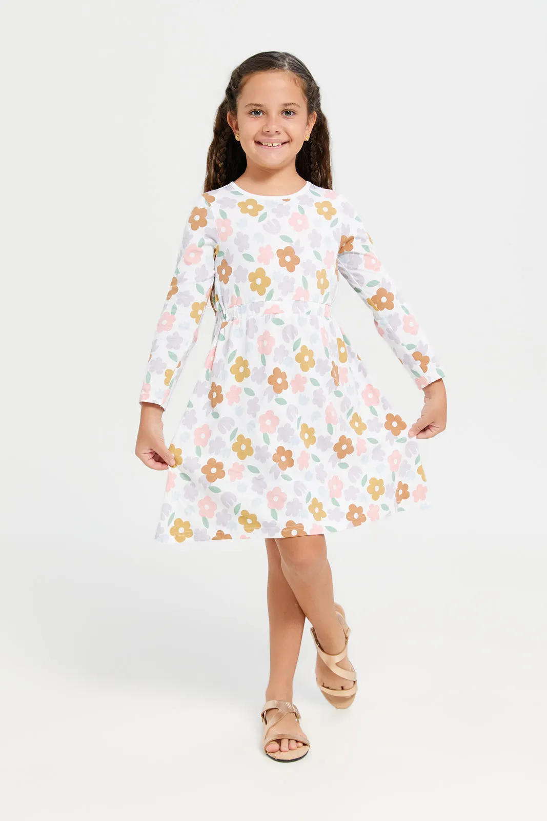 Girls White Flower Print Dress