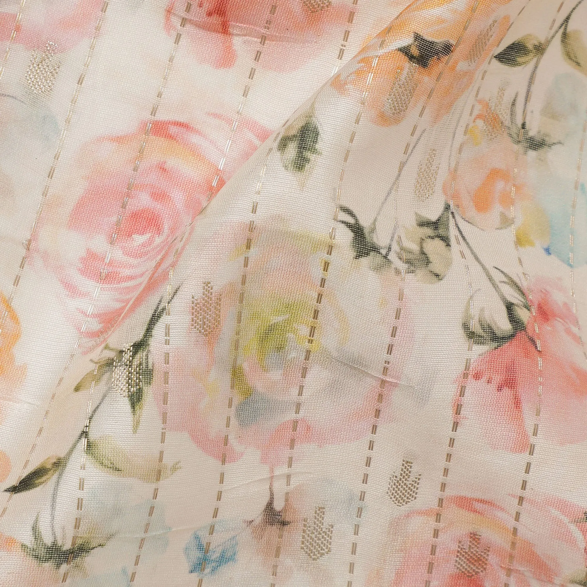 Ivory Viscose Blended Fabric with Peach and Pink Floral Embroidery, 110 cm Width-D20447