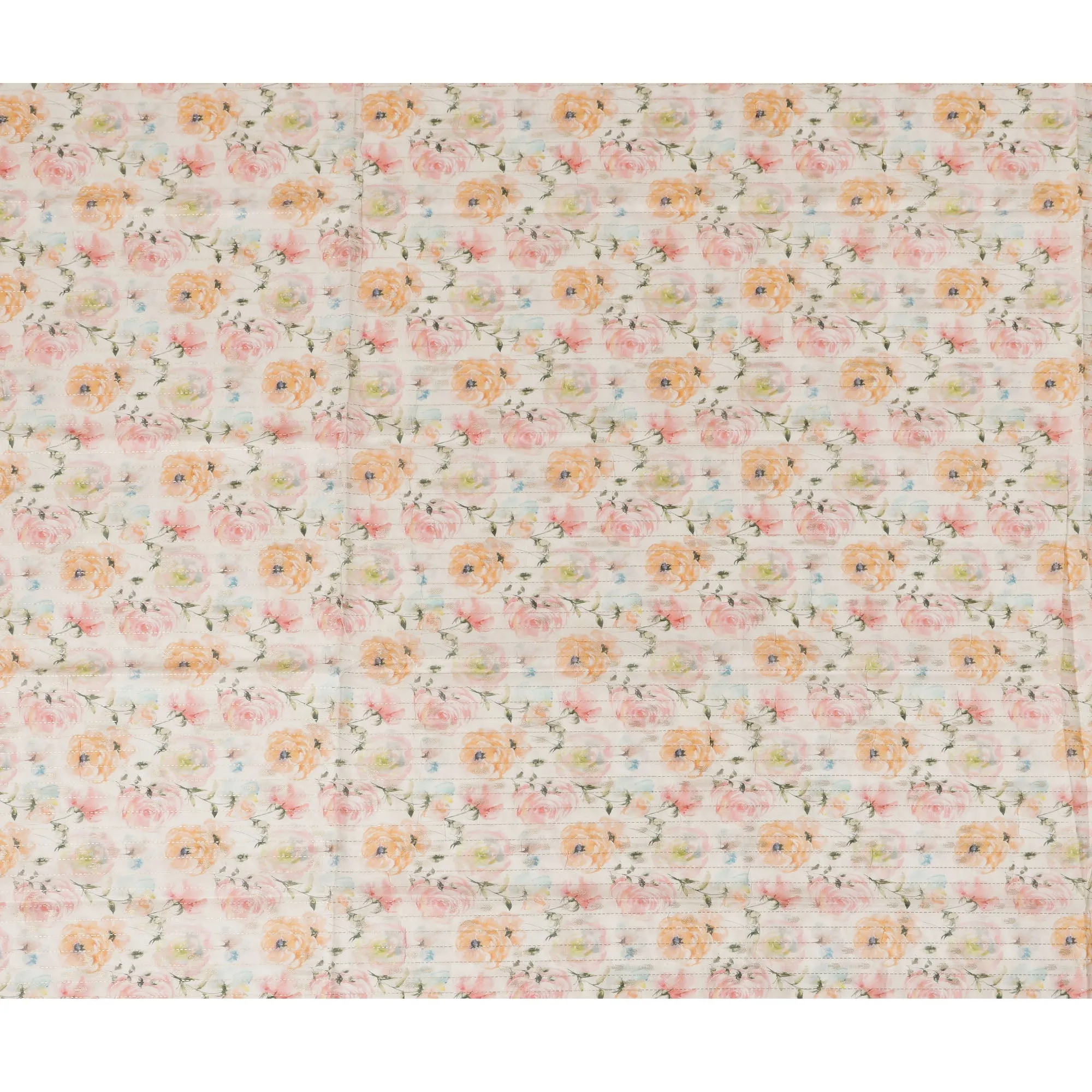 Ivory Viscose Blended Fabric with Peach and Pink Floral Embroidery, 110 cm Width-D20447