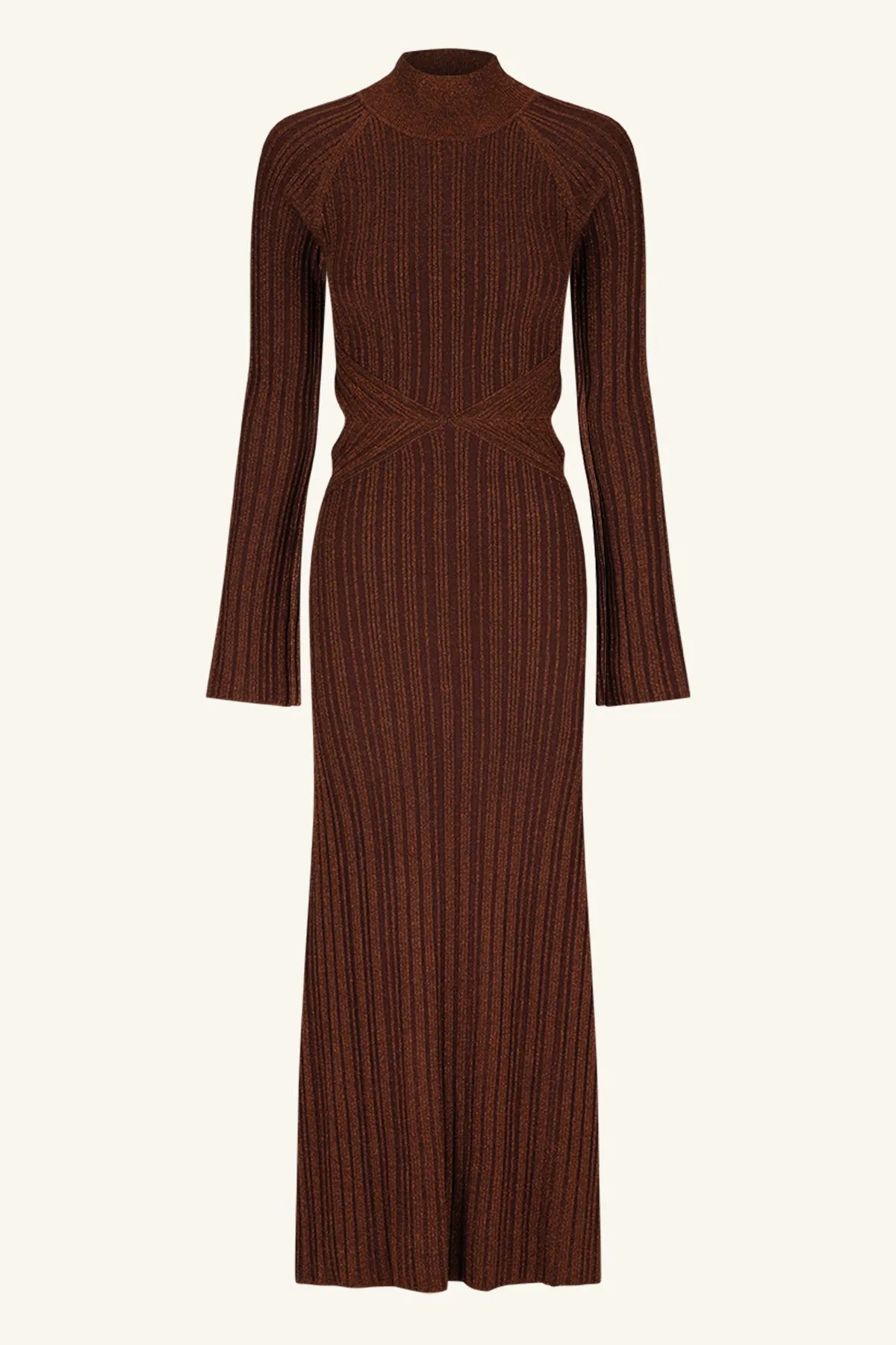 KAMARI LONG SLEEVE CUT OUT MIDI DRESS - BRANDY BROWN